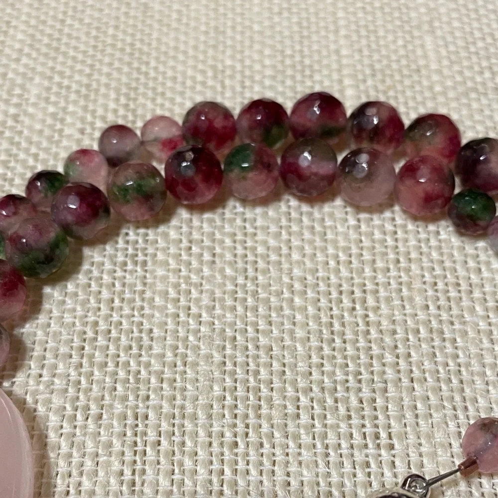 Elegant Artisan Natural Rose Quartz & Pomegranate Jade gemstone 17” Necklace